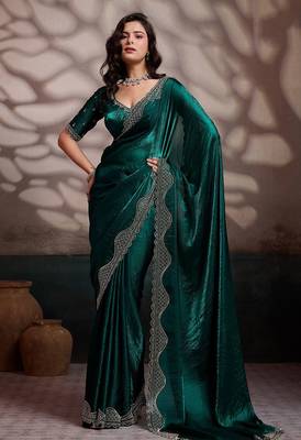 Emerald velvet satin handcrafted cutdana & zarkan borders saree with blouse 1