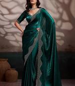 Emerald velvet satin handcrafted cutdana & zarkan borders saree with blouse
