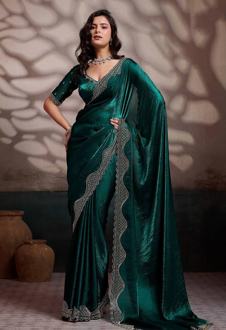 Emerald velvet satin handcrafted cutdana & zarkan borders saree with blouse