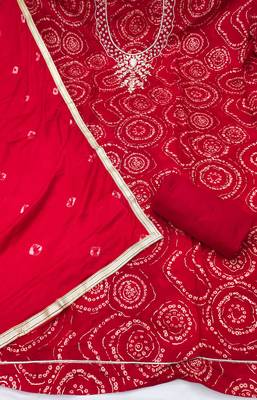 women's red unstitched cembric cotton dress material with printed dupatta 2