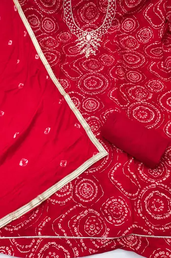 women's red unstitched cembric cotton dress material with printed dupatta