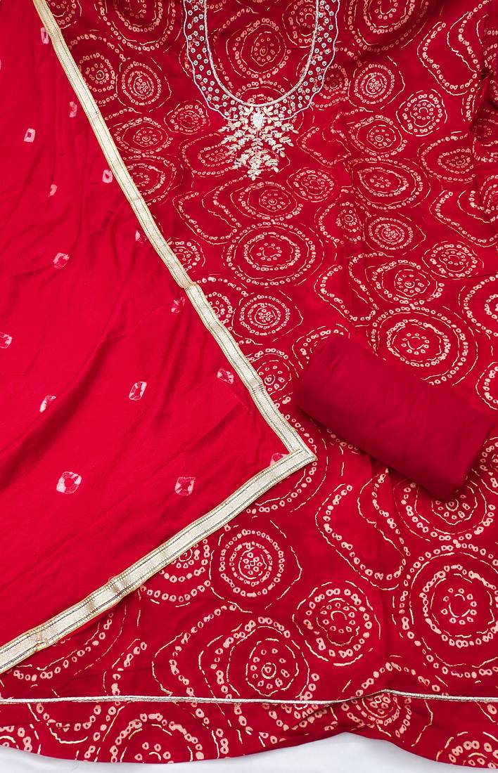women's red unstitched cembric cotton dress material with printed dupatta