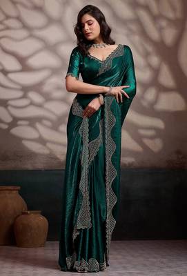Emerald velvet satin handcrafted cutdana & zarkan borders saree with blouse 2