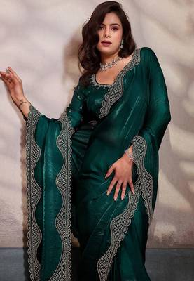 Emerald velvet satin handcrafted cutdana & zarkan borders saree with blouse 3