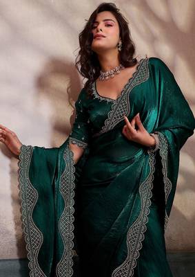 Emerald velvet satin handcrafted cutdana & zarkan borders saree with blouse 4