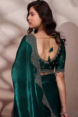 Emerald velvet satin handcrafted cutdana & zarkan borders saree with blouse 5