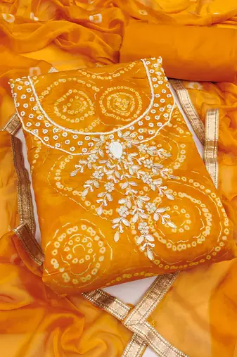women's orange unstitched cembric cotton dress material with printed dupatta
