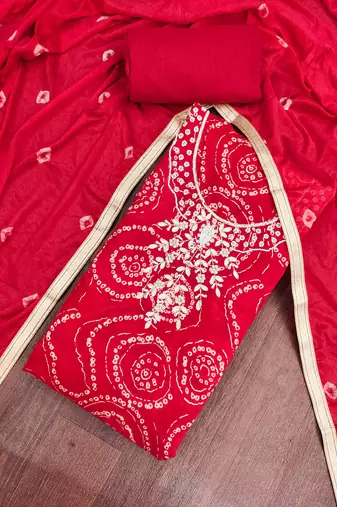 women's red unstitched cembric cotton dress material with printed dupatta