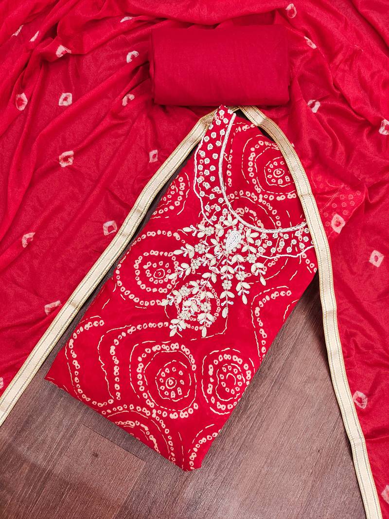 women's red unstitched cembric cotton dress material with printed dupatta