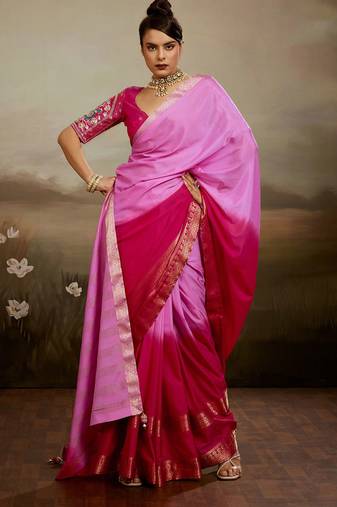 Pink & rani soft chiffon zari woven chit pallu patta sleeve saree with blouse