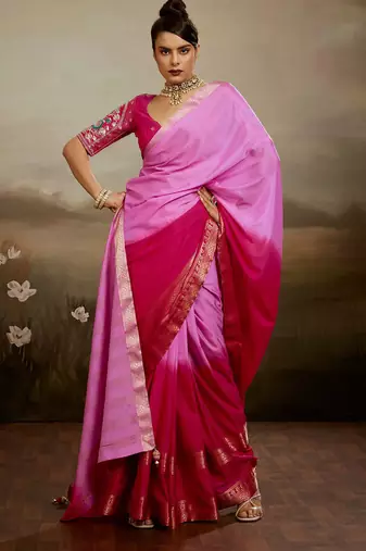 Pink & rani soft chiffon zari woven chit pallu patta sleeve saree with blouse