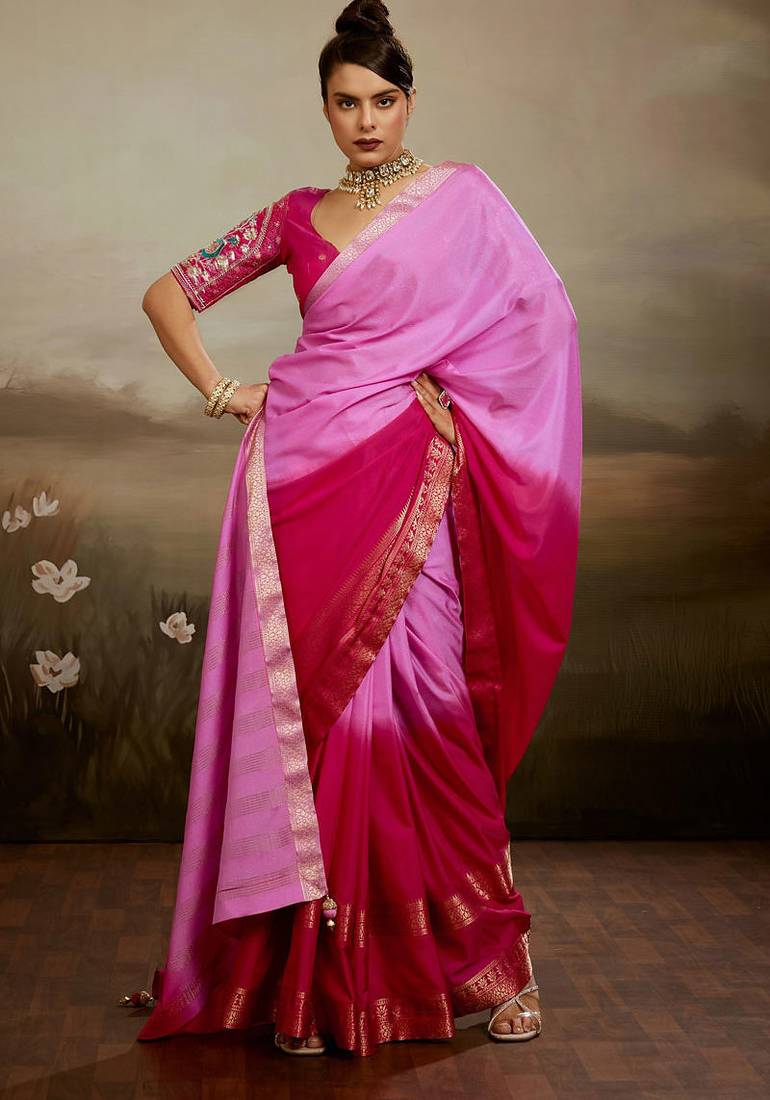 Pink & rani soft chiffon zari woven chit pallu patta sleeve saree with blouse