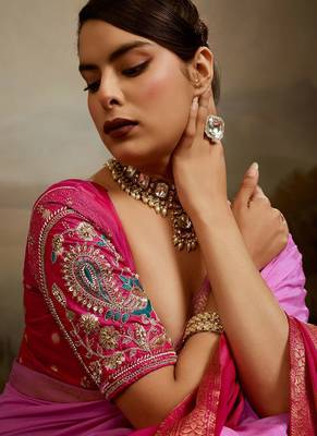 Pink & rani soft chiffon zari woven chit pallu patta sleeve saree with blouse 2