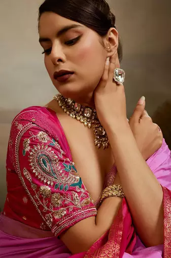 Pink & rani soft chiffon zari woven chit pallu patta sleeve saree with blouse