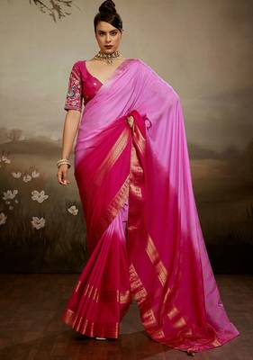 Pink & rani soft chiffon zari woven chit pallu patta sleeve saree with blouse 3