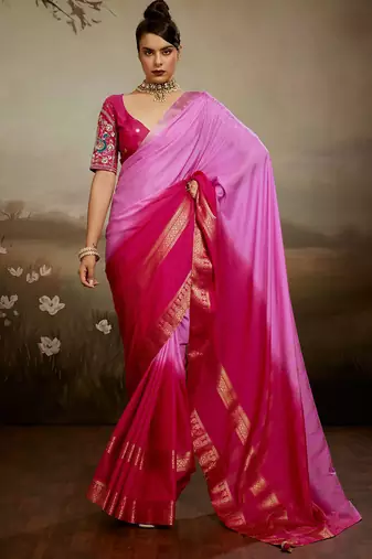 Pink & rani soft chiffon zari woven chit pallu patta sleeve saree with blouse