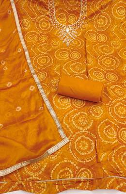 women's orange unstitched cembric cotton dress material with printed dupatta 2
