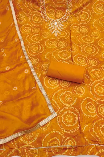 women's orange unstitched cembric cotton dress material with printed dupatta