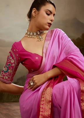 Pink & rani soft chiffon zari woven chit pallu patta sleeve saree with blouse 4