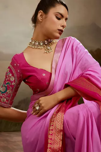 Pink & rani soft chiffon zari woven chit pallu patta sleeve saree with blouse