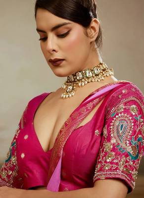 Pink & rani soft chiffon zari woven chit pallu patta sleeve saree with blouse 5