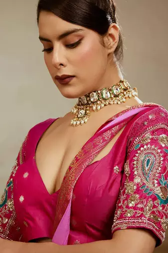 Pink & rani soft chiffon zari woven chit pallu patta sleeve saree with blouse