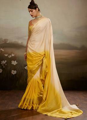 Cream & yellow soft chiffon zari woven chit pallu patta saree with blouse 1