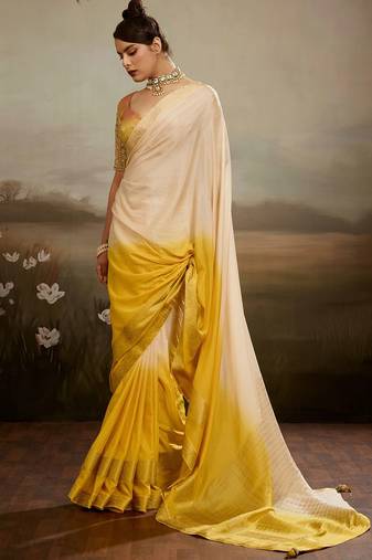 Cream & yellow soft chiffon zari woven chit pallu patta saree with blouse
