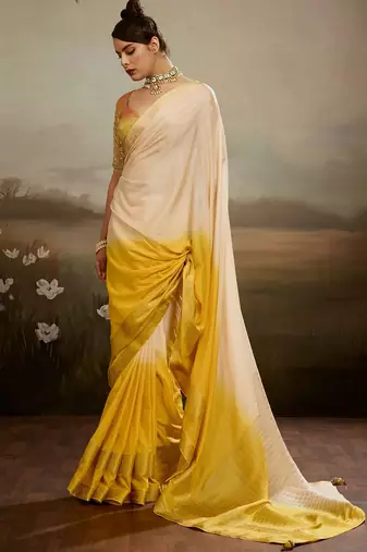 Cream & yellow soft chiffon zari woven chit pallu patta saree with blouse
