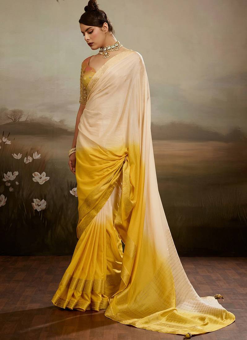 Cream & yellow soft chiffon zari woven chit pallu patta saree with blouse