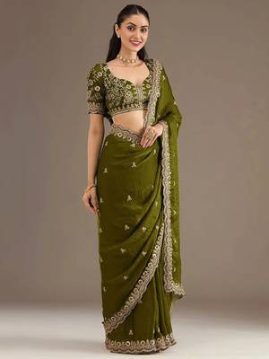 Delightful olive green tissue silk zari and sequins embroidered indian latest design party wear saree 3