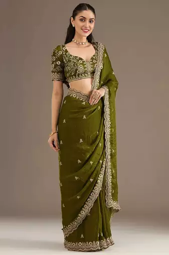 Delightful olive green tissue silk zari and sequins embroidered indian latest design party wear saree