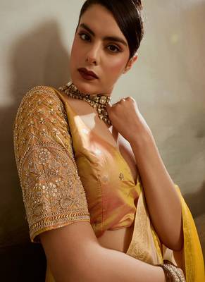 Cream & yellow soft chiffon zari woven chit pallu patta saree with blouse 2