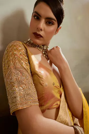 Cream & yellow soft chiffon zari woven chit pallu patta saree with blouse