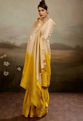 Cream & yellow soft chiffon zari woven chit pallu patta saree with blouse 3