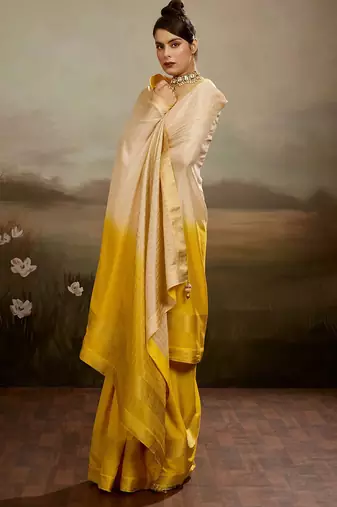 Cream & yellow soft chiffon zari woven chit pallu patta saree with blouse