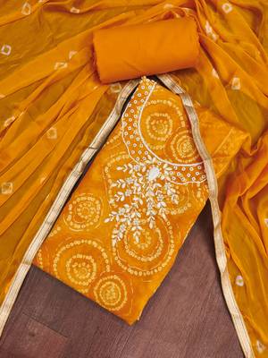 women's orange unstitched cembric cotton dress material with printed dupatta 4