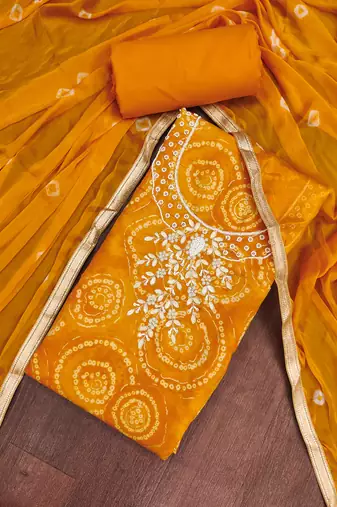 women's orange unstitched cembric cotton dress material with printed dupatta