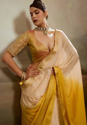 Cream & yellow soft chiffon zari woven chit pallu patta saree with blouse 4