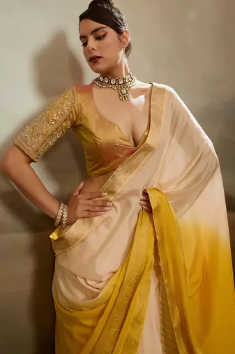 Cream & yellow soft chiffon zari woven chit pallu patta saree with blouse