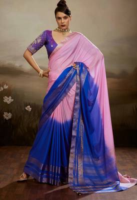 Pink & blue soft chiffon zari woven chit pallu patta saree with blouse 1