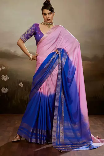 Pink & blue soft chiffon zari woven chit pallu patta saree with blouse
