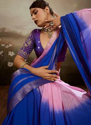 Pink & blue soft chiffon zari woven chit pallu patta saree with blouse 2