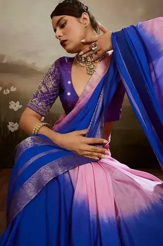 Pink & blue soft chiffon zari woven chit pallu patta saree with blouse