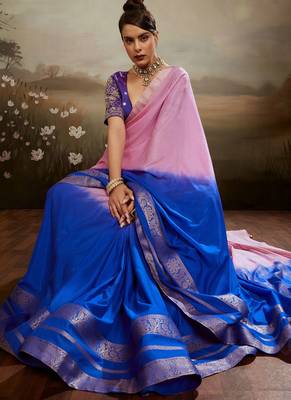 Pink & blue soft chiffon zari woven chit pallu patta saree with blouse 3