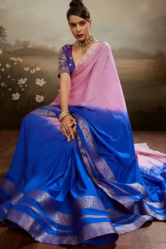 Pink & blue soft chiffon zari woven chit pallu patta saree with blouse