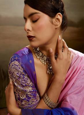 Pink & blue soft chiffon zari woven chit pallu patta saree with blouse 4