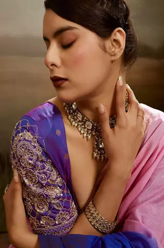 Pink & blue soft chiffon zari woven chit pallu patta saree with blouse