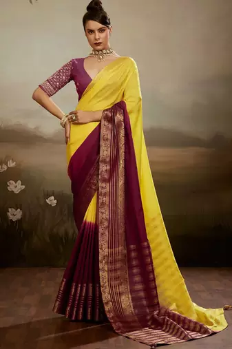 Yellow & maroon soft chiffon zari woven chit pallu patta saree with blouse