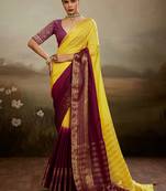 Yellow & maroon soft chiffon zari woven chit pallu patta saree with blouse